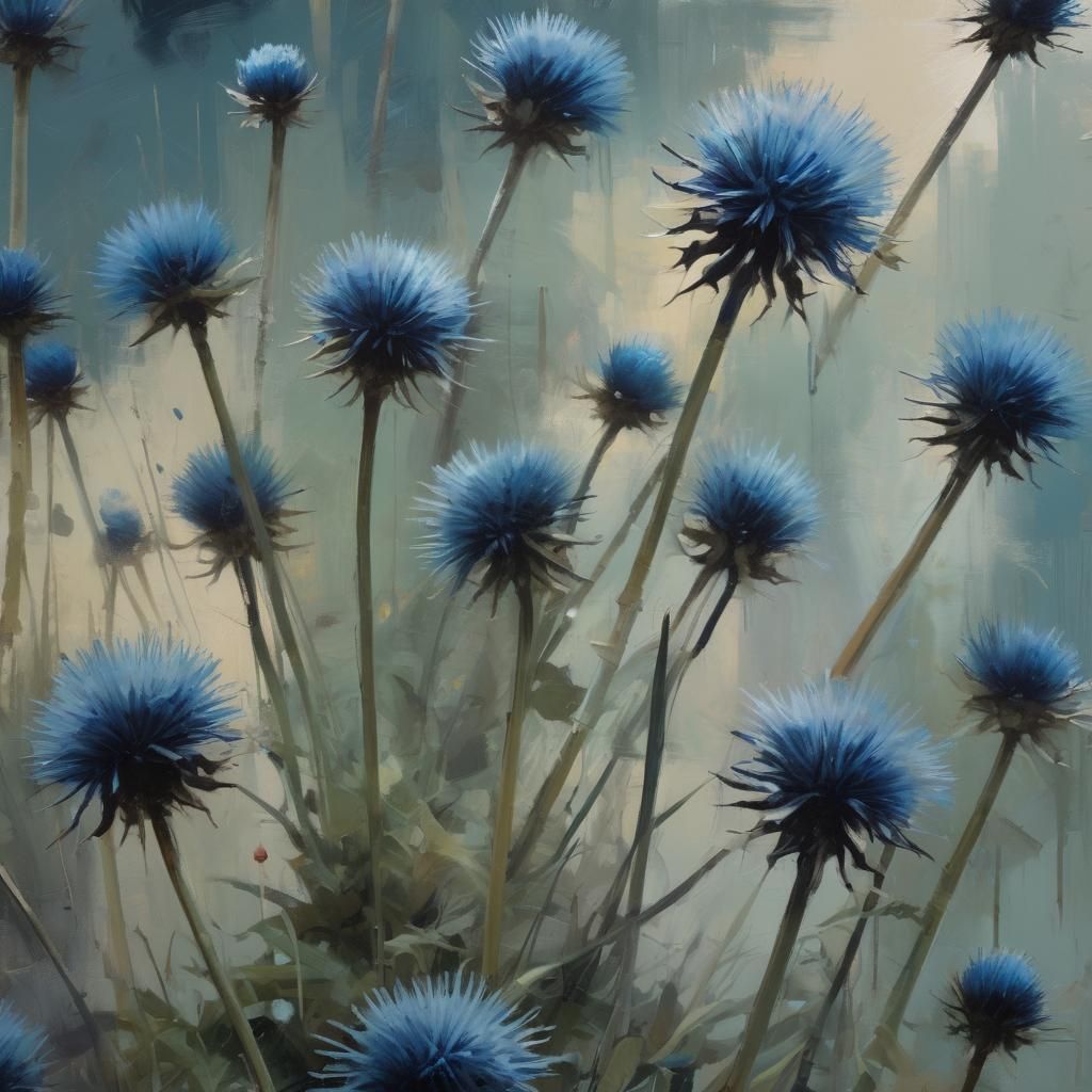 Blue Globe Thistle: Urban Impressionist Oil Painting
