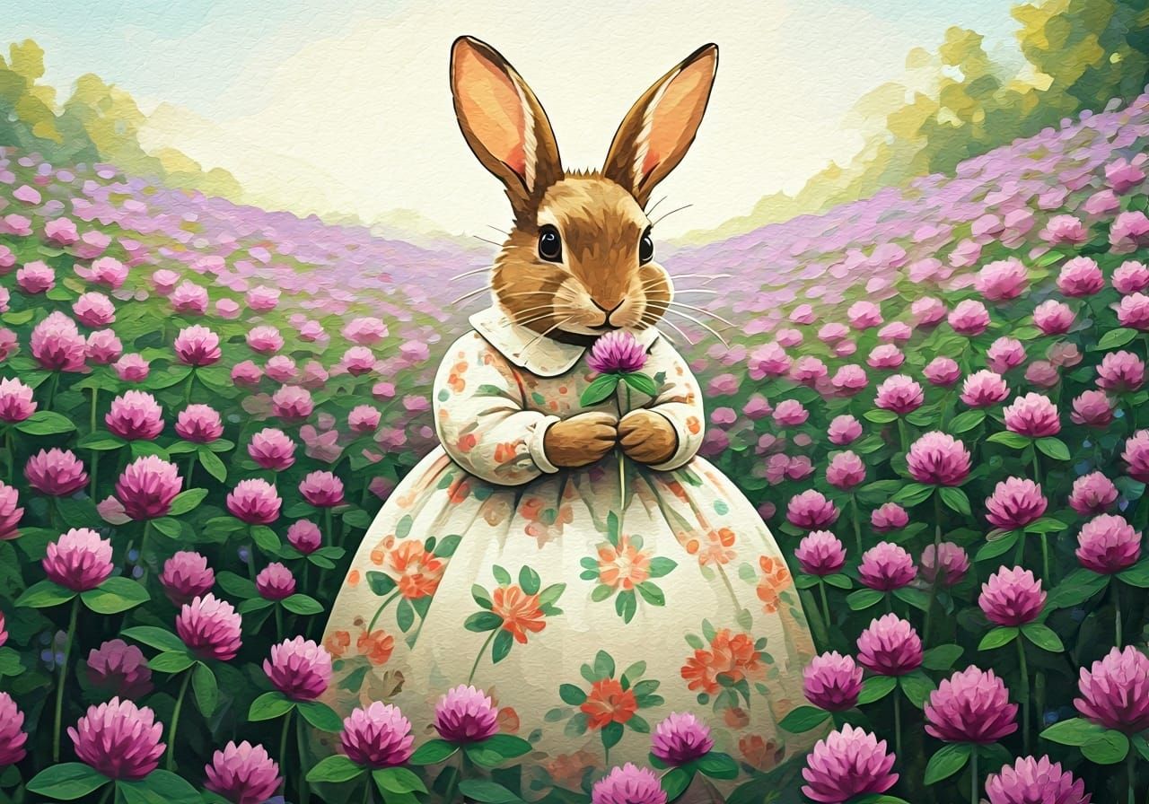 Bunny in Clover Field, Watercolor Gouache Style