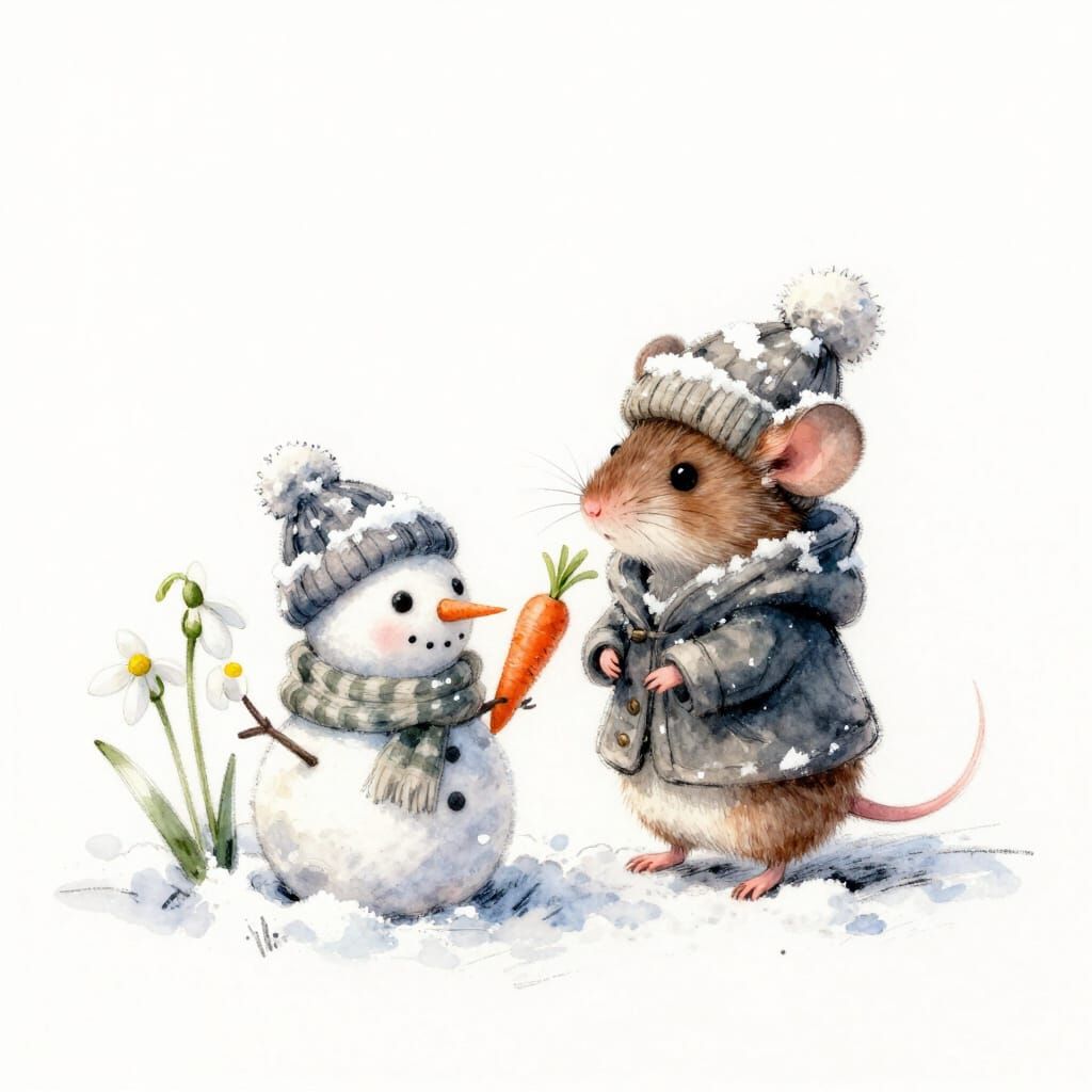 Tiny Mouse Offers Carrot to Snowman in Winter Garden