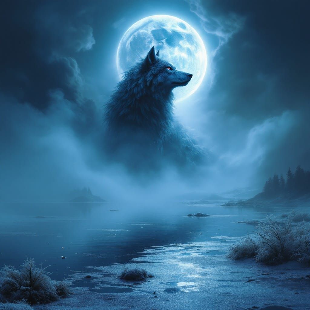 Mystical Spirit Wolf Rises Under Blue Moon Eclipse