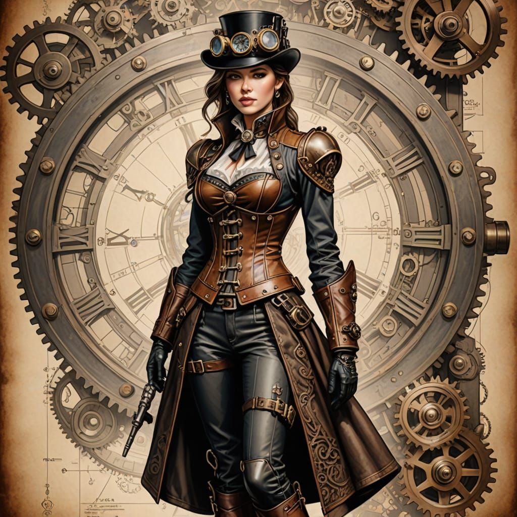 Steampunk Female Figure in Detailed Technical Illustration