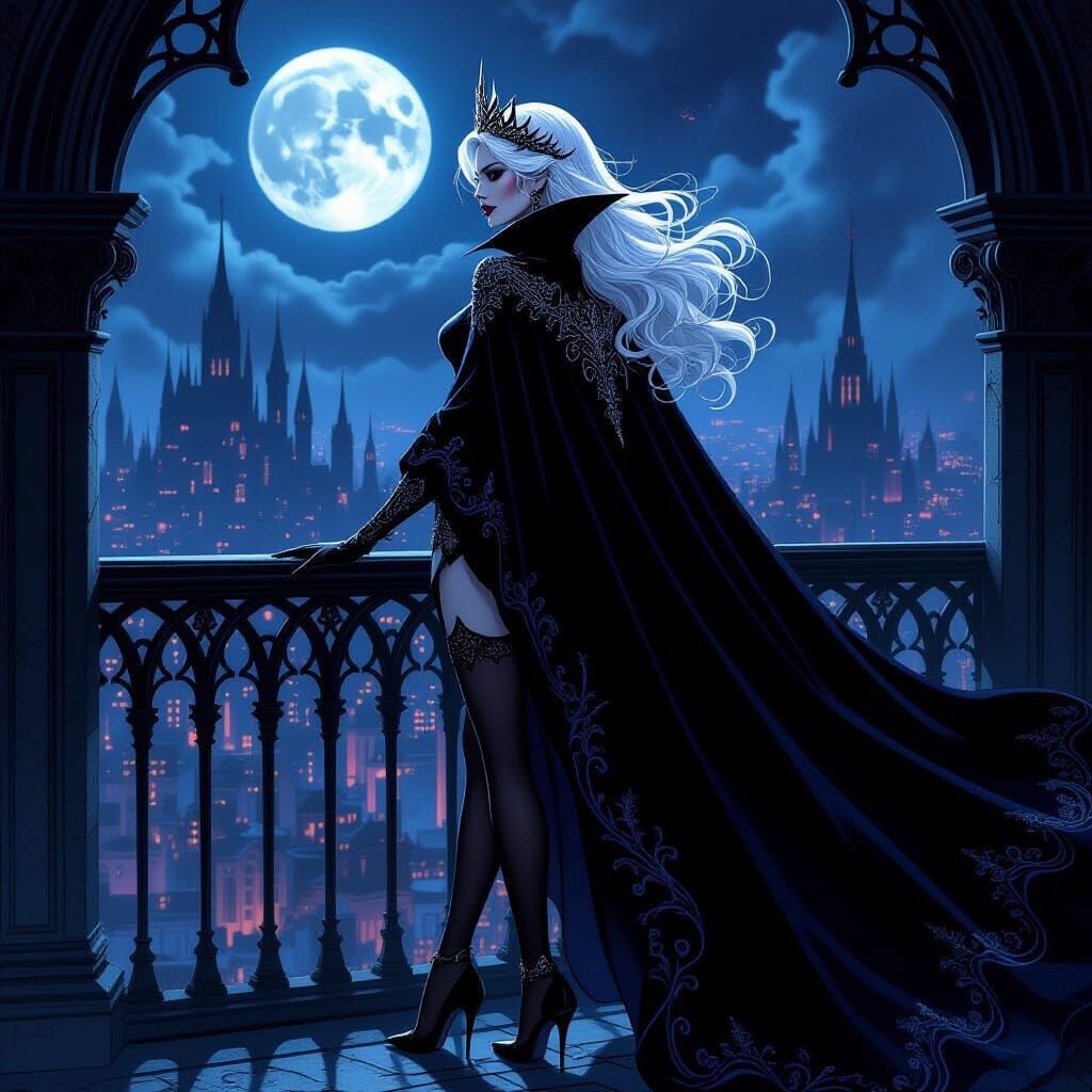 Regal Vampire Queen Overlooking Shadowy Cityscape
