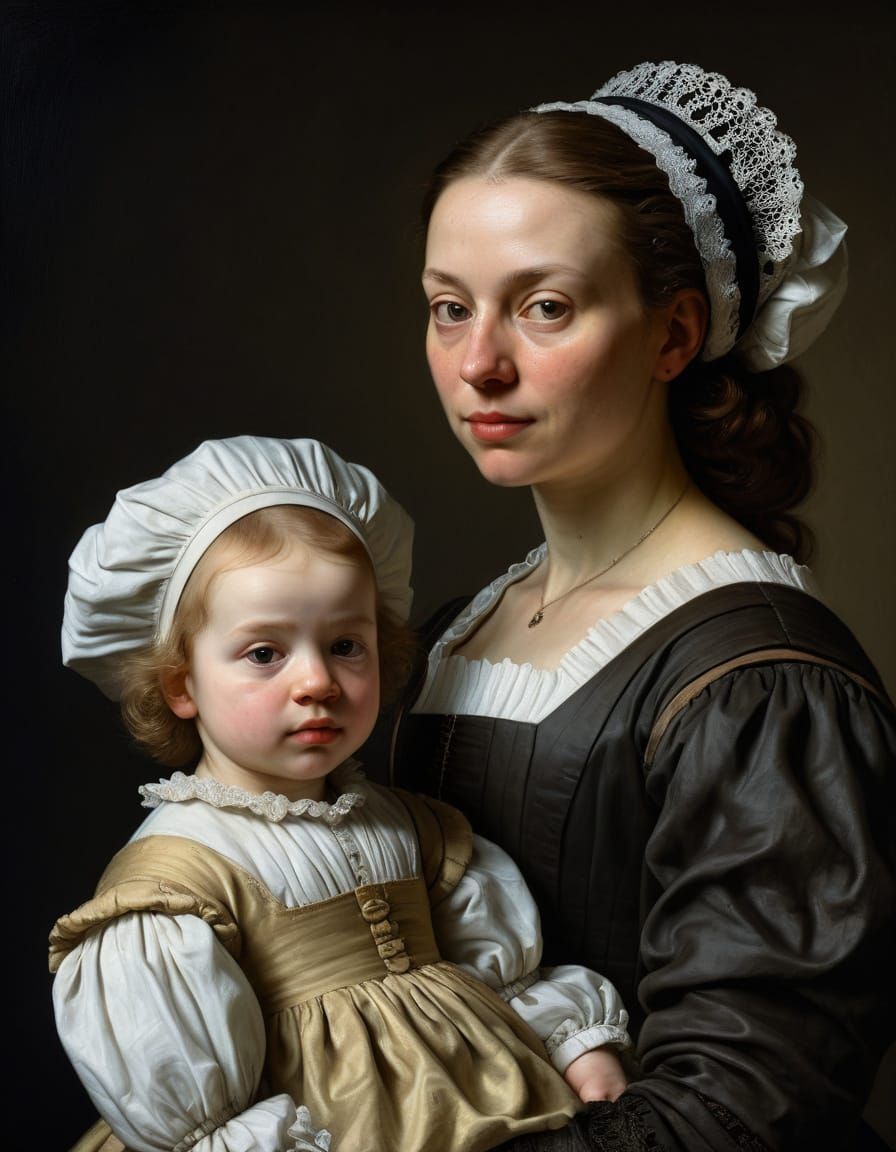 Dutch Nursemaid and Infant Portrait in Rembrandt Style