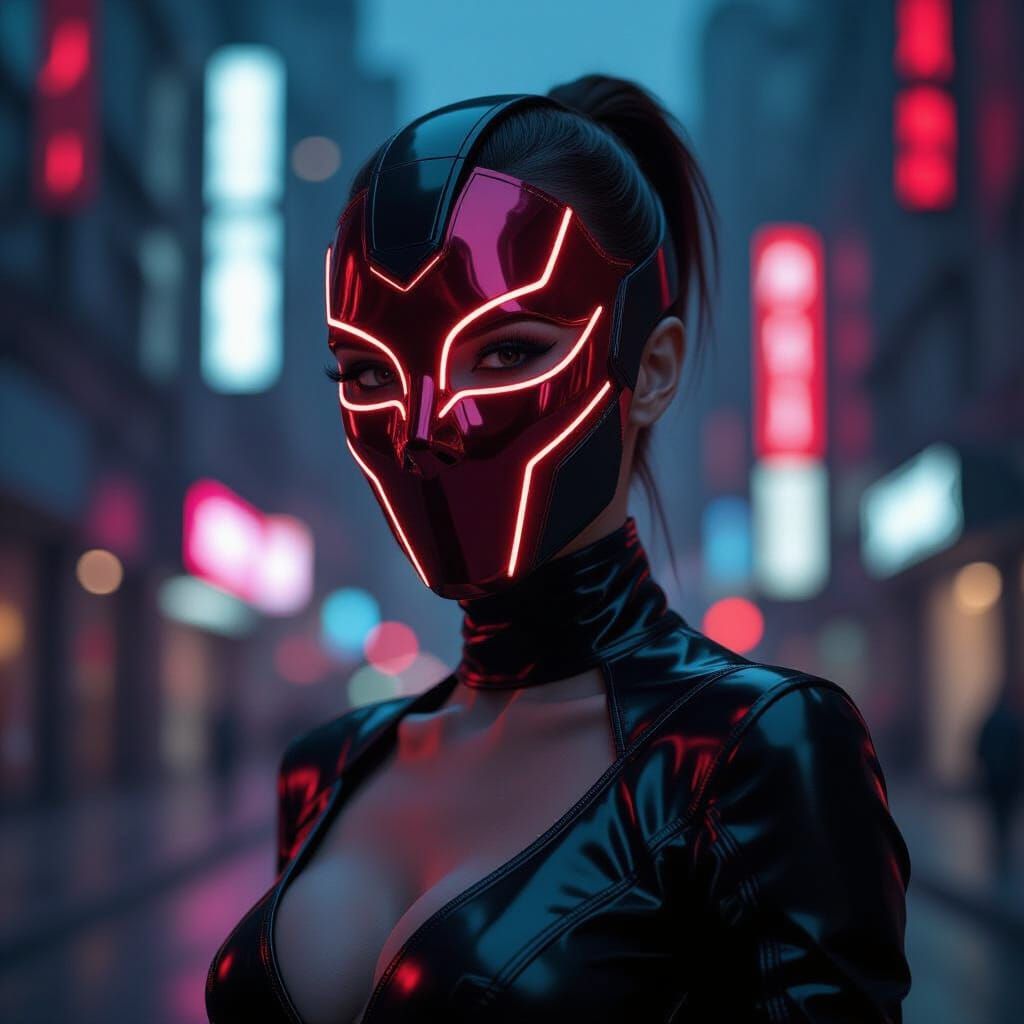 Futuristic Red Mask in Cyberpunk Cityscape