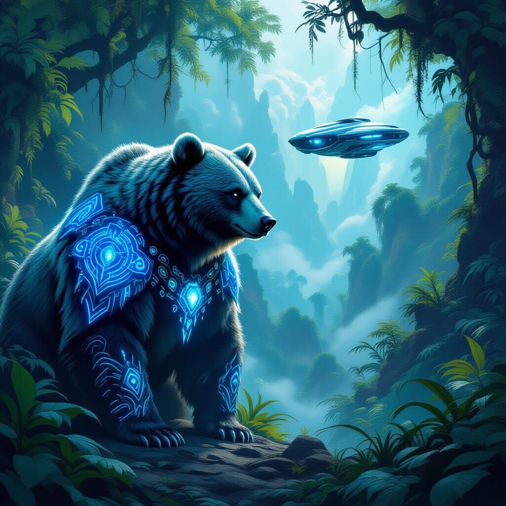 Majestic Bear With Glowing Runes In Alien Jungle