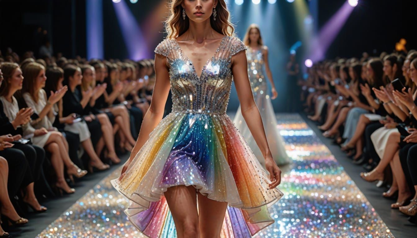 Glamorous Model Struts Down Catwalk in Dazzling Crystal Gown