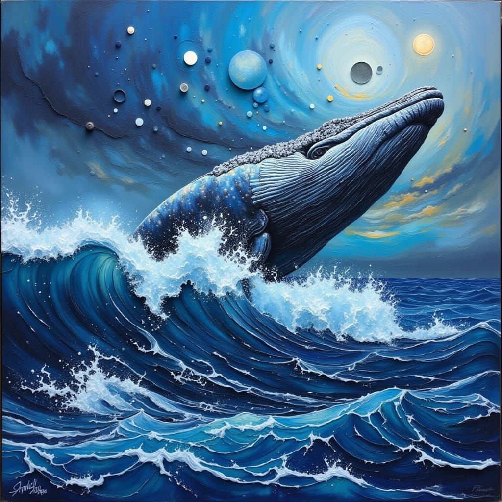 Blue Whales on Alert in Abstract Zentangle Style