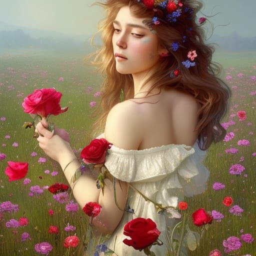 Rose Witch in Flower Meadow: Hyperdetailed Concept Art