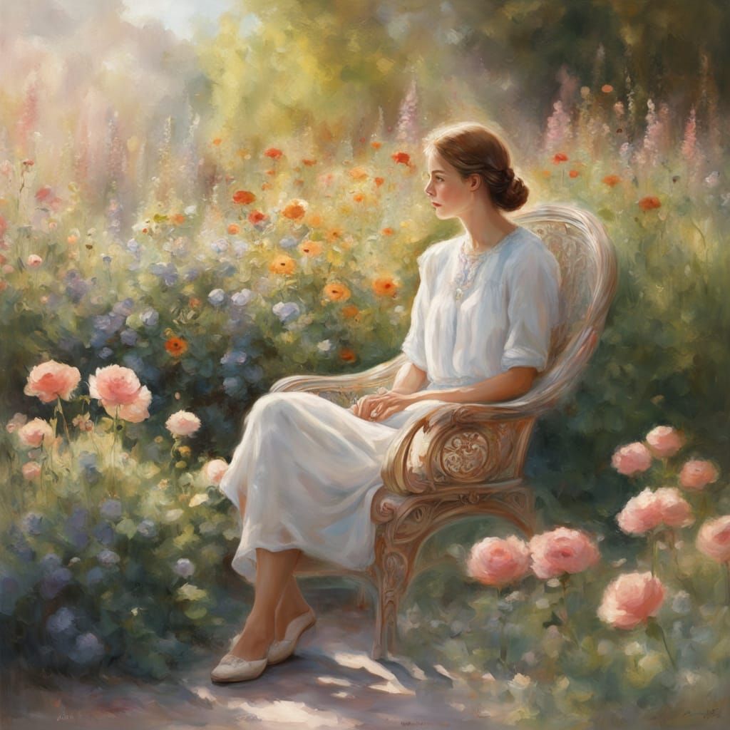 Impressionist Woman in a Garden Chair with Rocket Launching ...