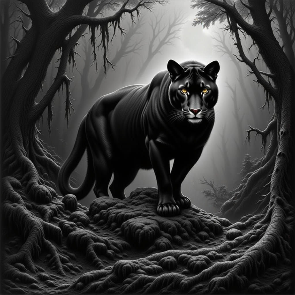 Moody Black and White Panther Painting in Jungle