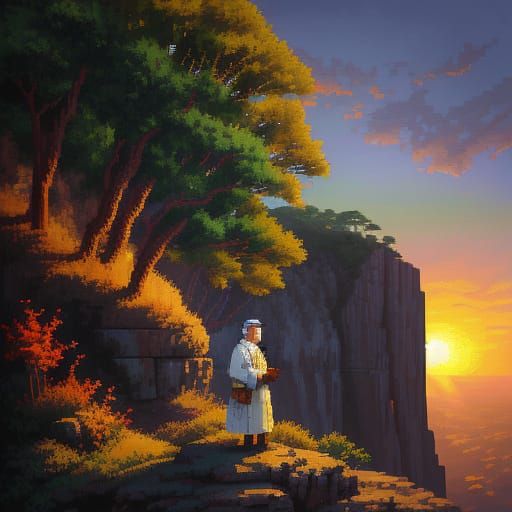 Pixel Art of Man on Cliff at Sunset
