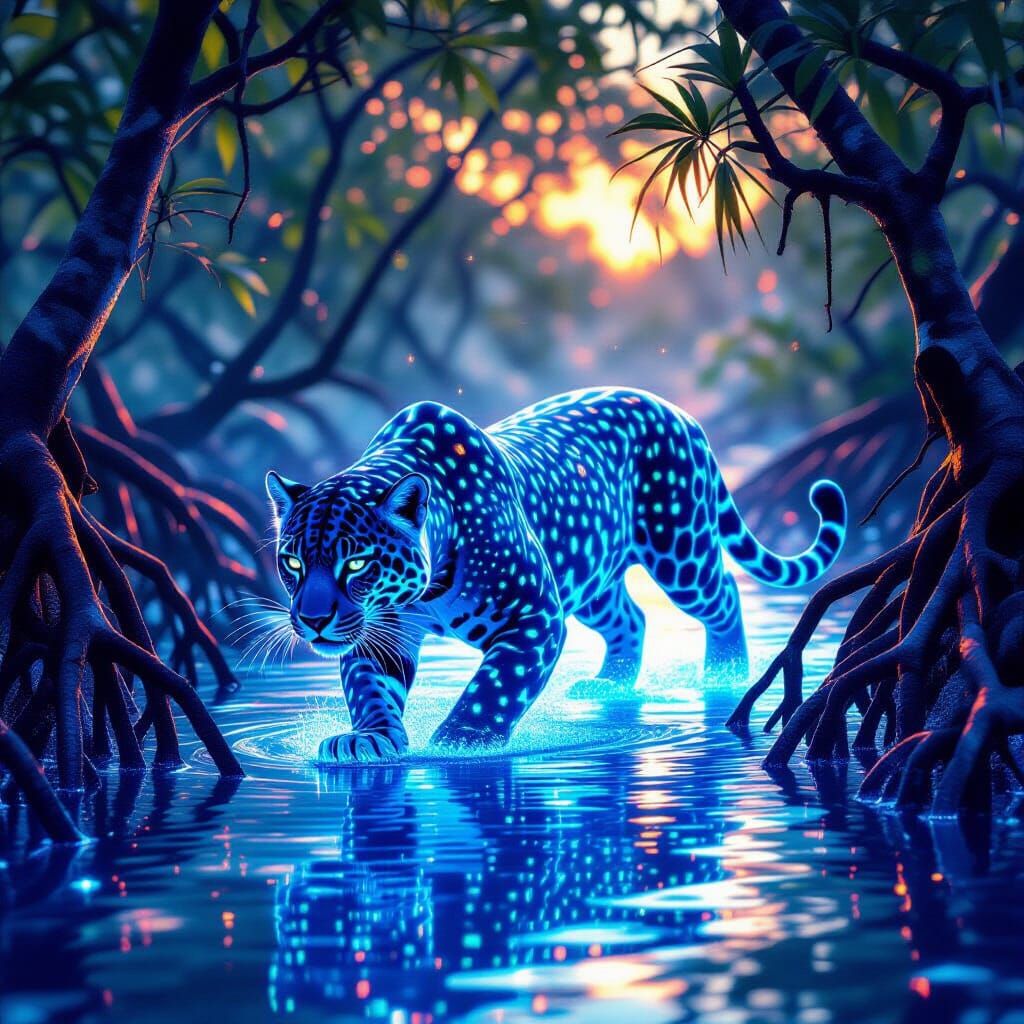 Bioluminescent Glass Jaguar in Moody Mangroves
