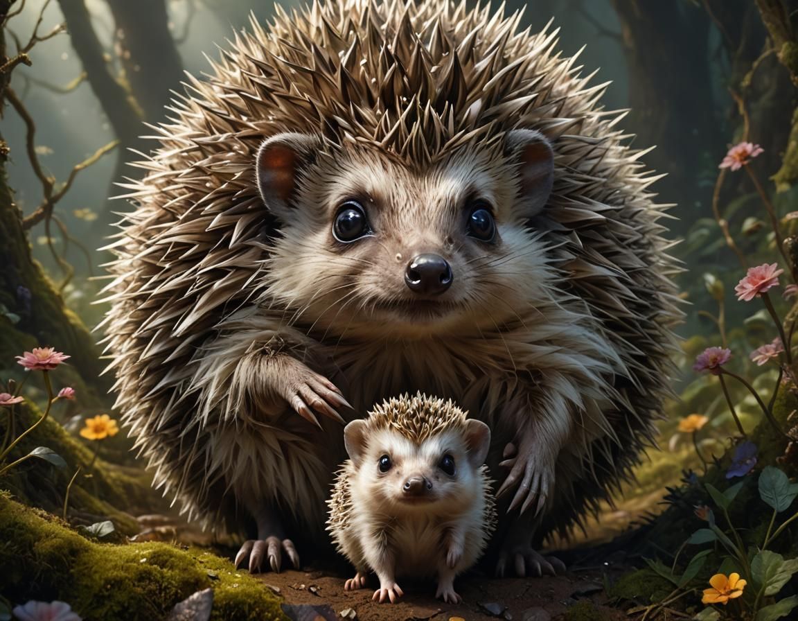 Adorable Baby Hedgehog with Mother: Fantasy Art