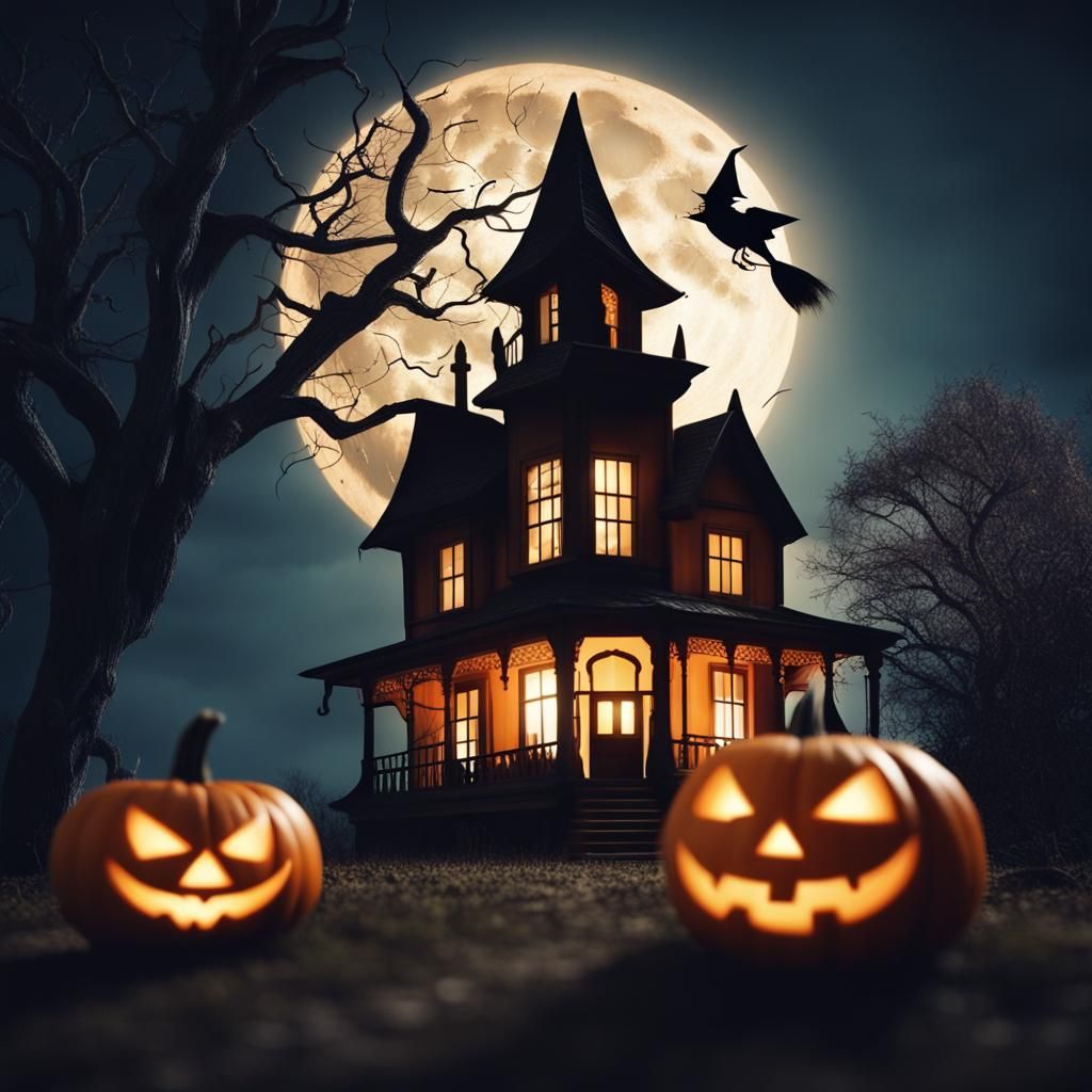 Vintage Halloween: Haunted House Under Full Moon