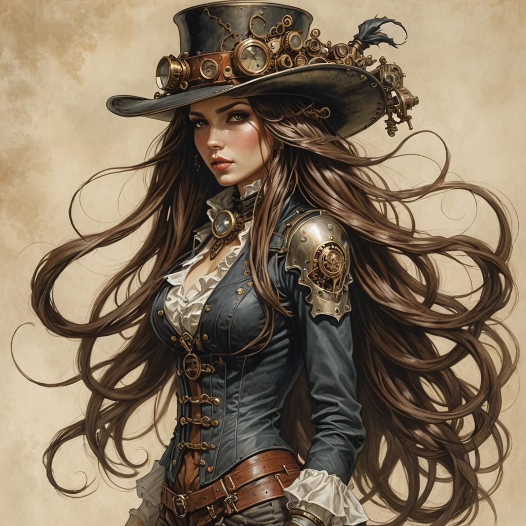 Steampunk Woman with Flowing Hair, Comic Book Style
