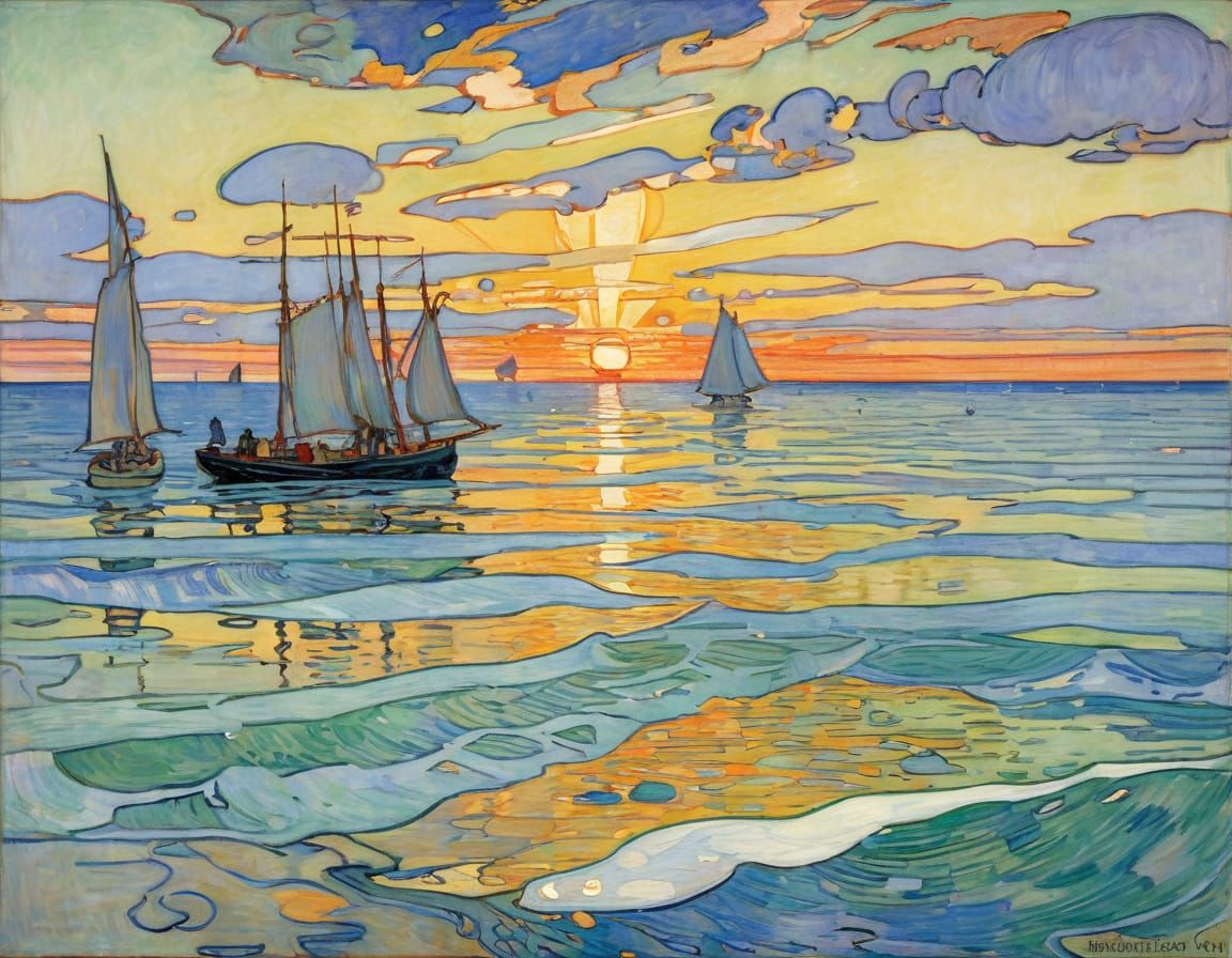 Vessels Adrift in a Sunset Glow