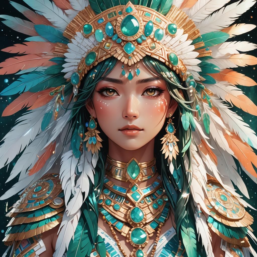 Anime Portrait of Aztec Woman with Feathered Headdress