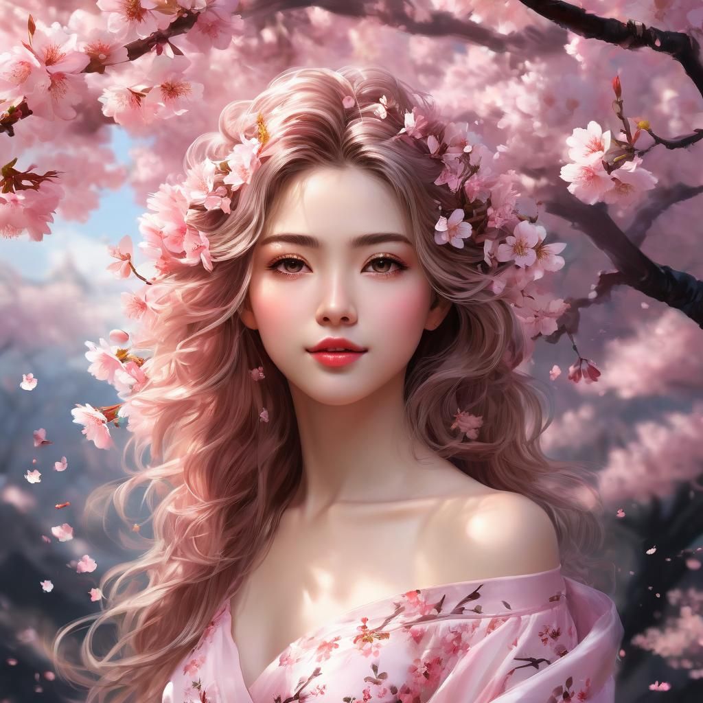Cherry Blossom Woman Portrait in Ethereal Style