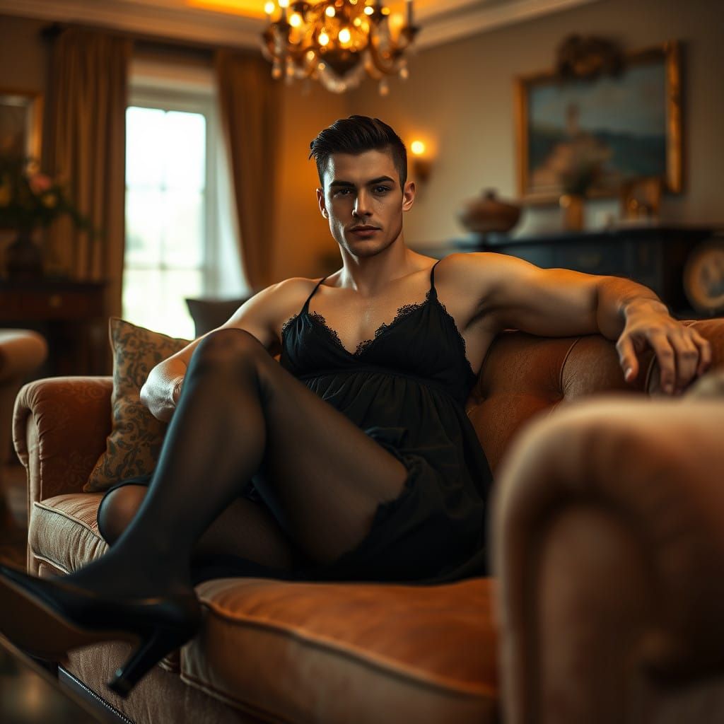 Confident Man in Babydoll Dress on Plush Sofa