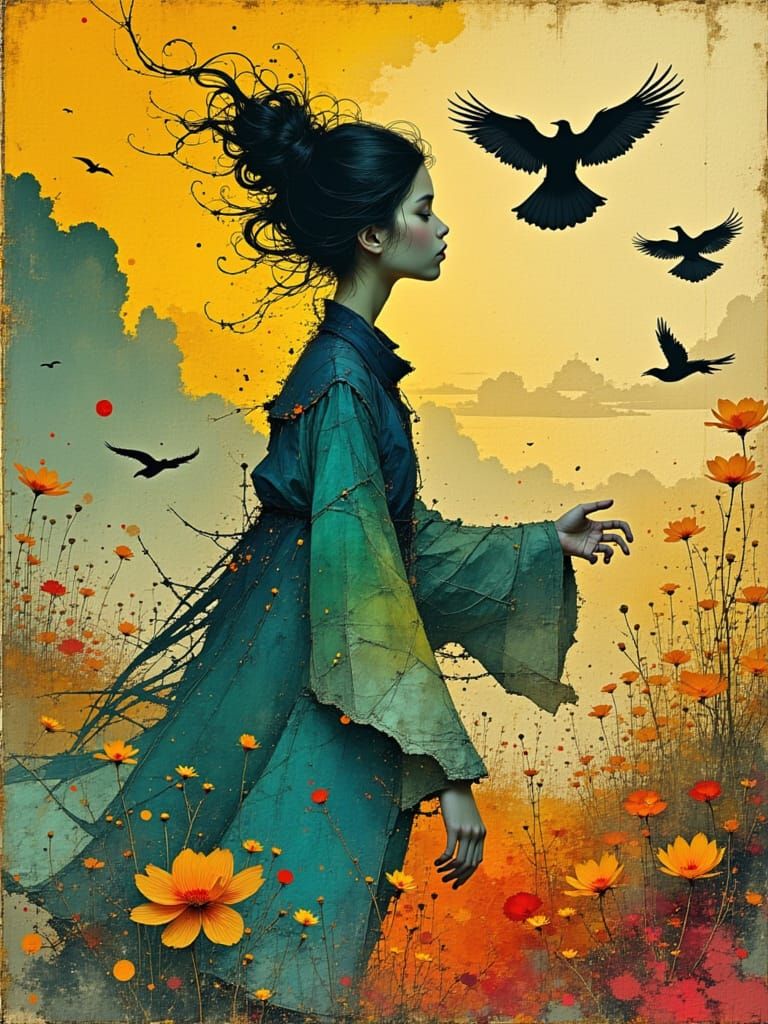Woman in Ethereal Landscape with Crows, in Dreamy, Vibrant S...