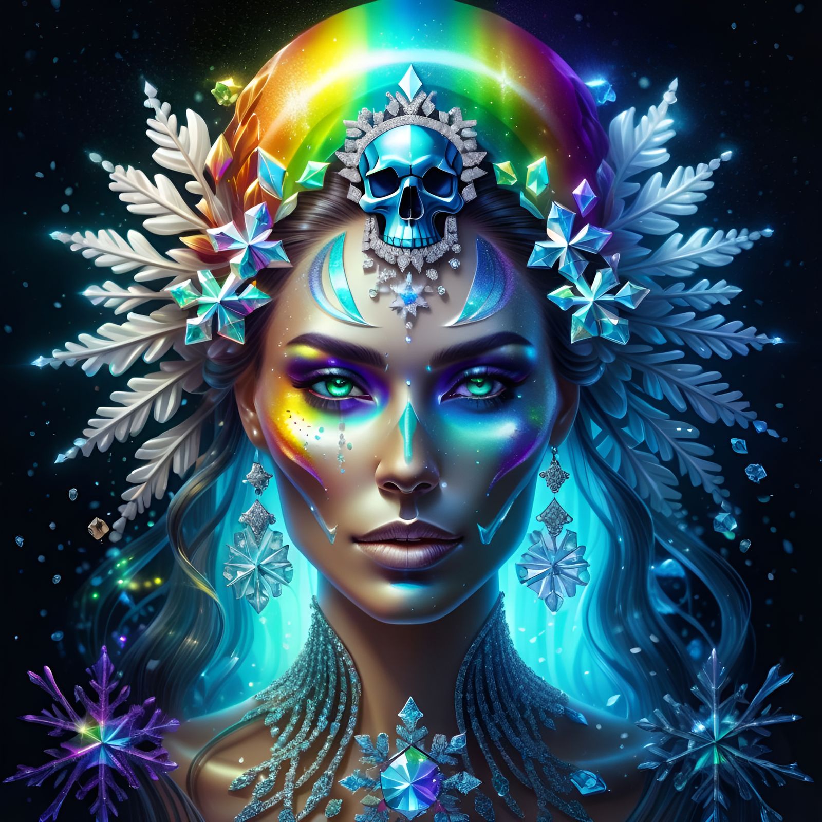 Bioluminescence beautiful woman's face and a rainbow skull.