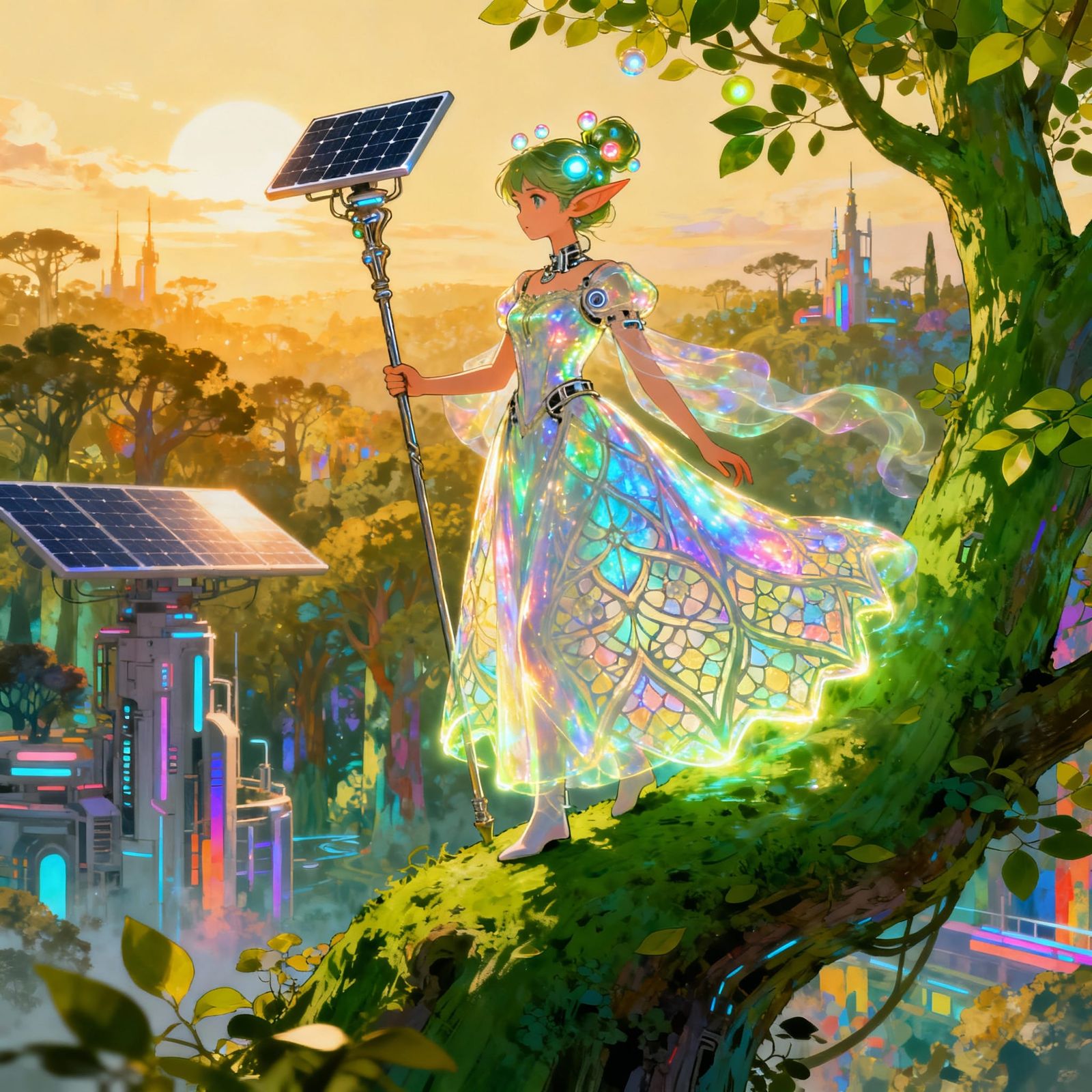Solarpunk Elf Princess Amidst Lush Greenery