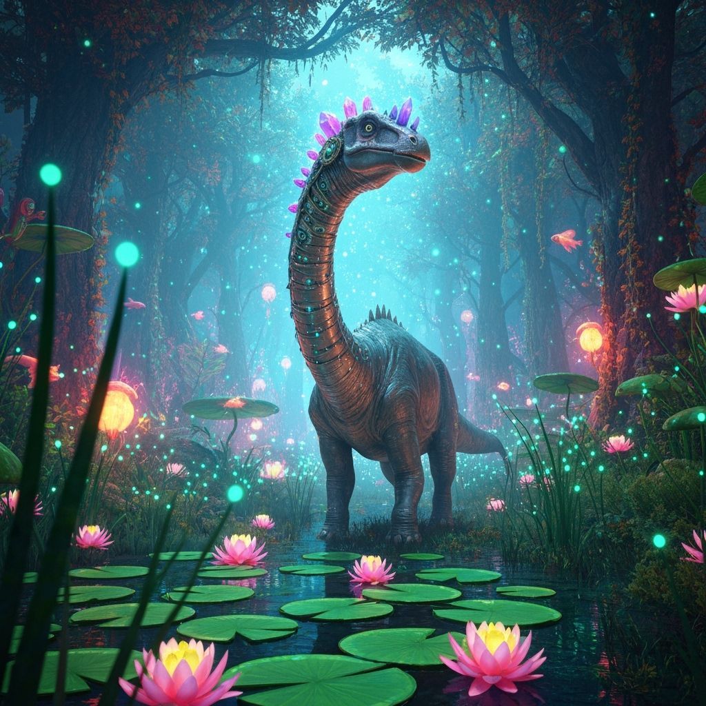 Steampunk Brontosaurus in Solarpunk Swamp, Hyperrealistic St...