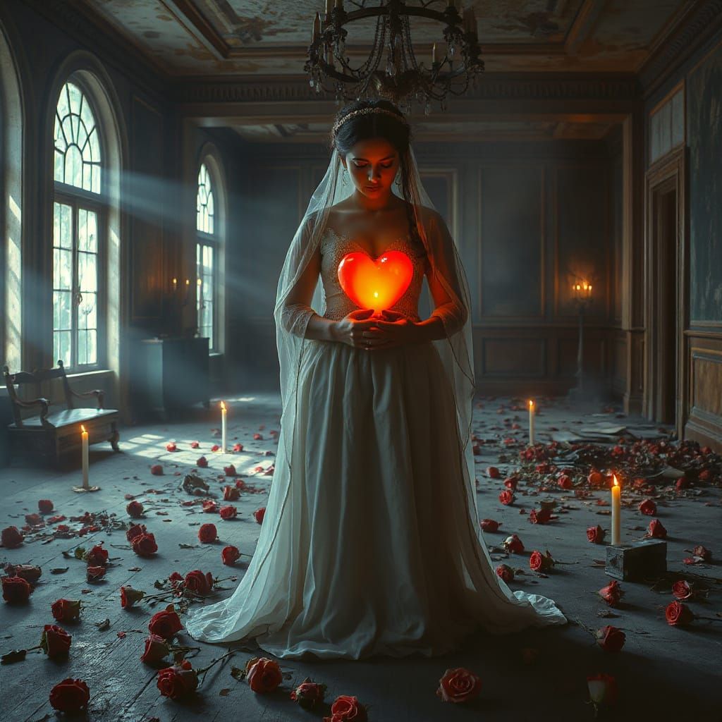Ghost Bride Holds Glowing Heart in Abandoned Ballroom