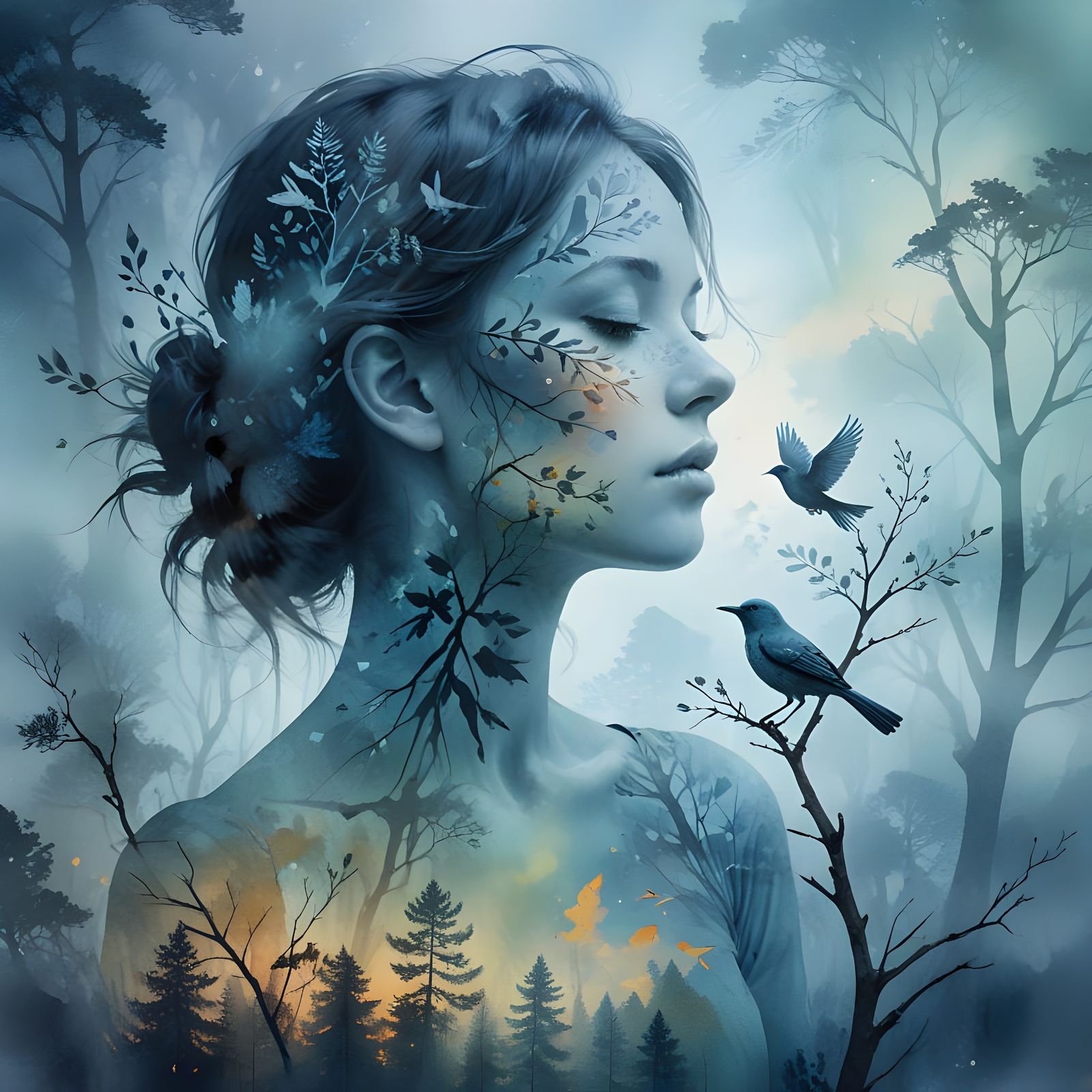 Dreamy Female Portrait with Singing Bird Landscape
