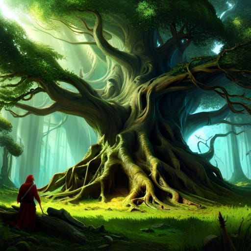 Majestic Spirit Tree Home to Fairies, Digital Painting