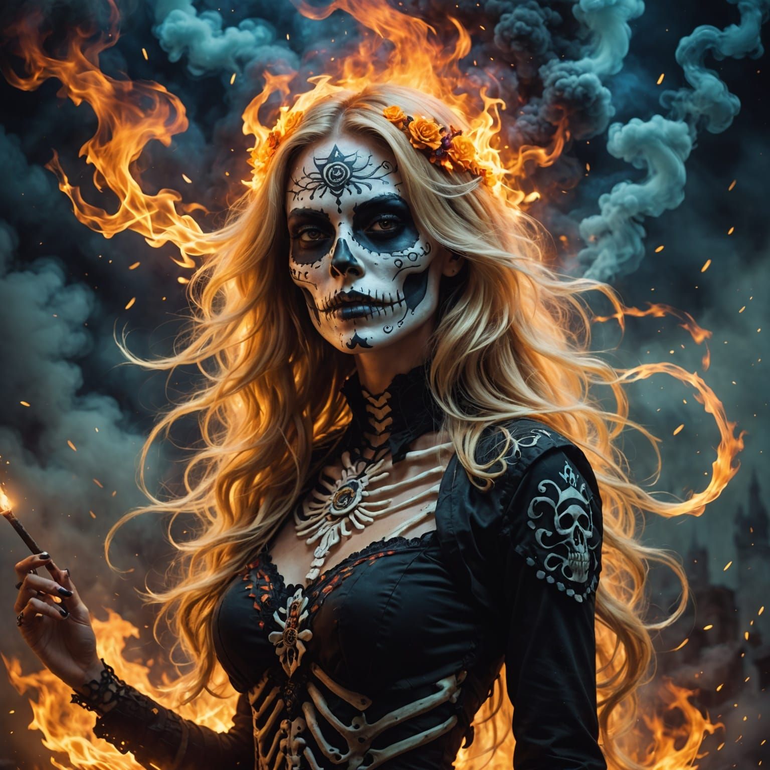 Surreal Goddess in a Galaxy of Flames and Mist