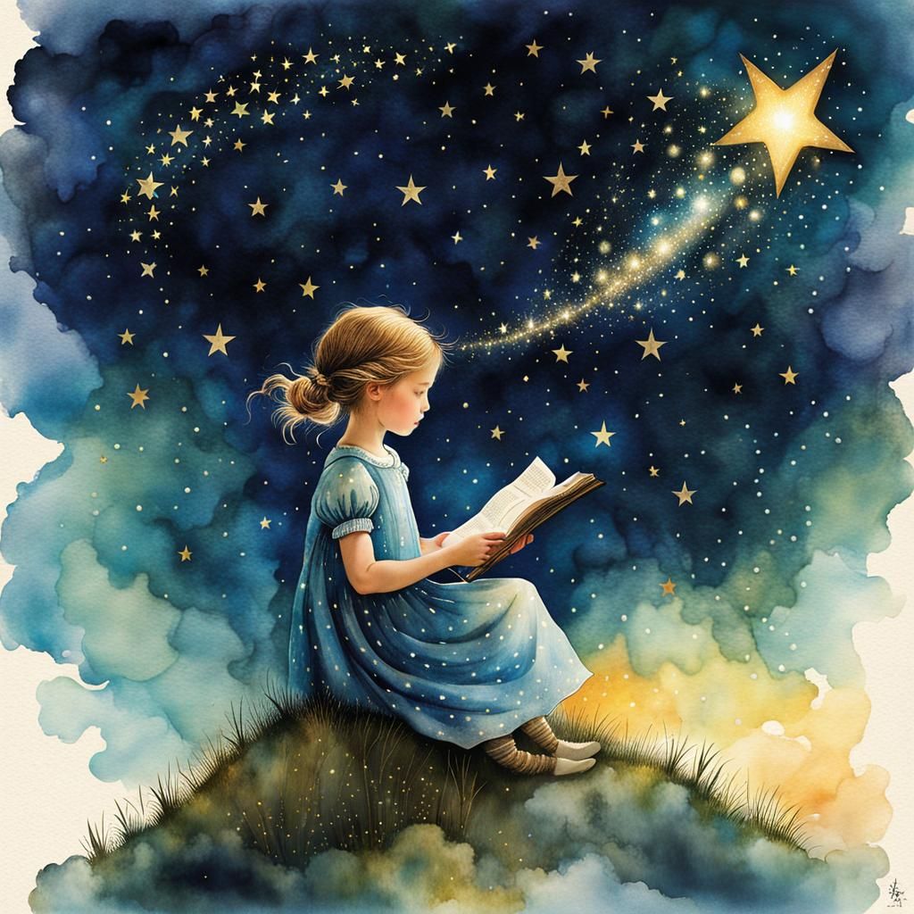 Magical Girl Watching Comet, Watercolor Art