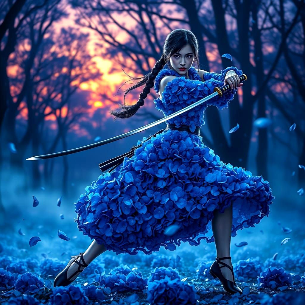 Woman in blue flowerdress wielding a katana.
