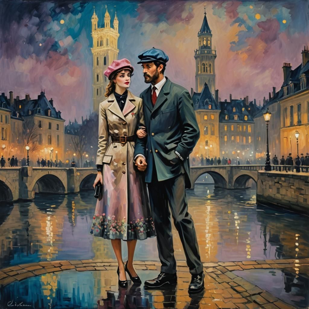 Romantic Impressionism: Couple in France at Night