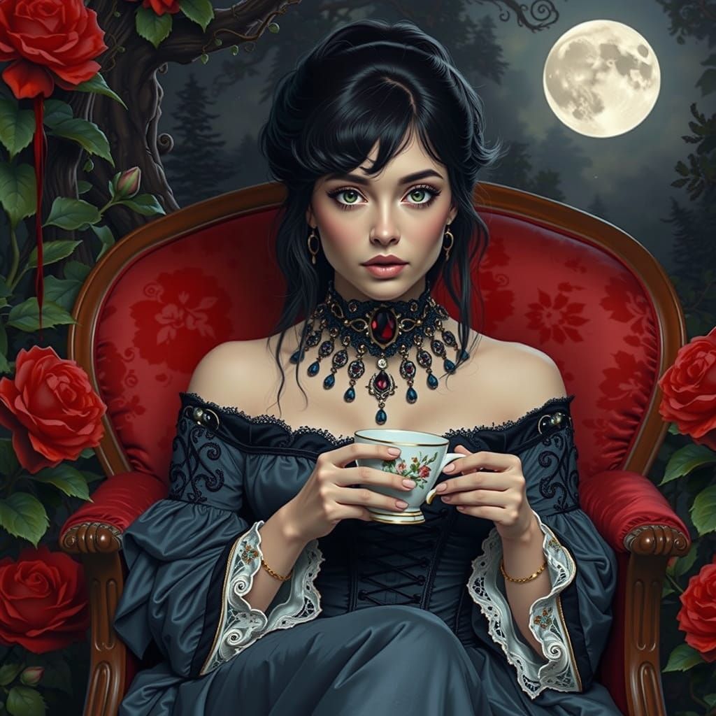 Enchanted Red Haired Siren Sips Tea in a Whimsical English G...