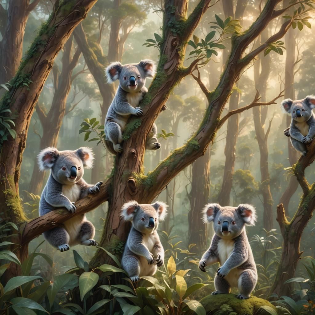 Koala Friends in Ethereal Forest Landscape