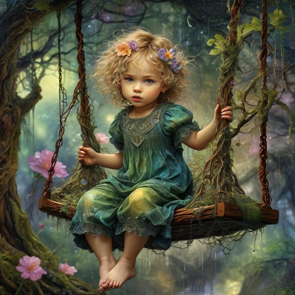 Child on a Swing in Alcohol Ink Style