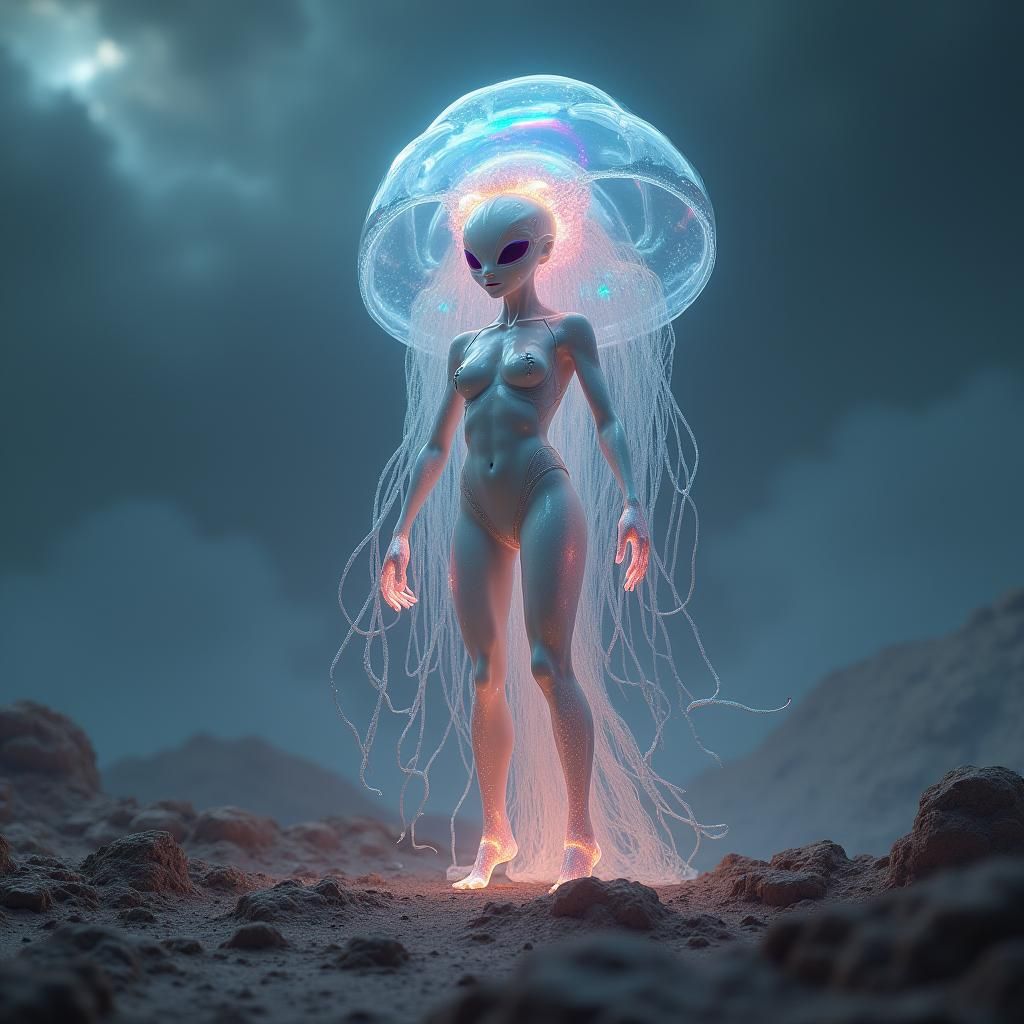 Humanoid Jellyfish Alien on Barren Planet in 8K