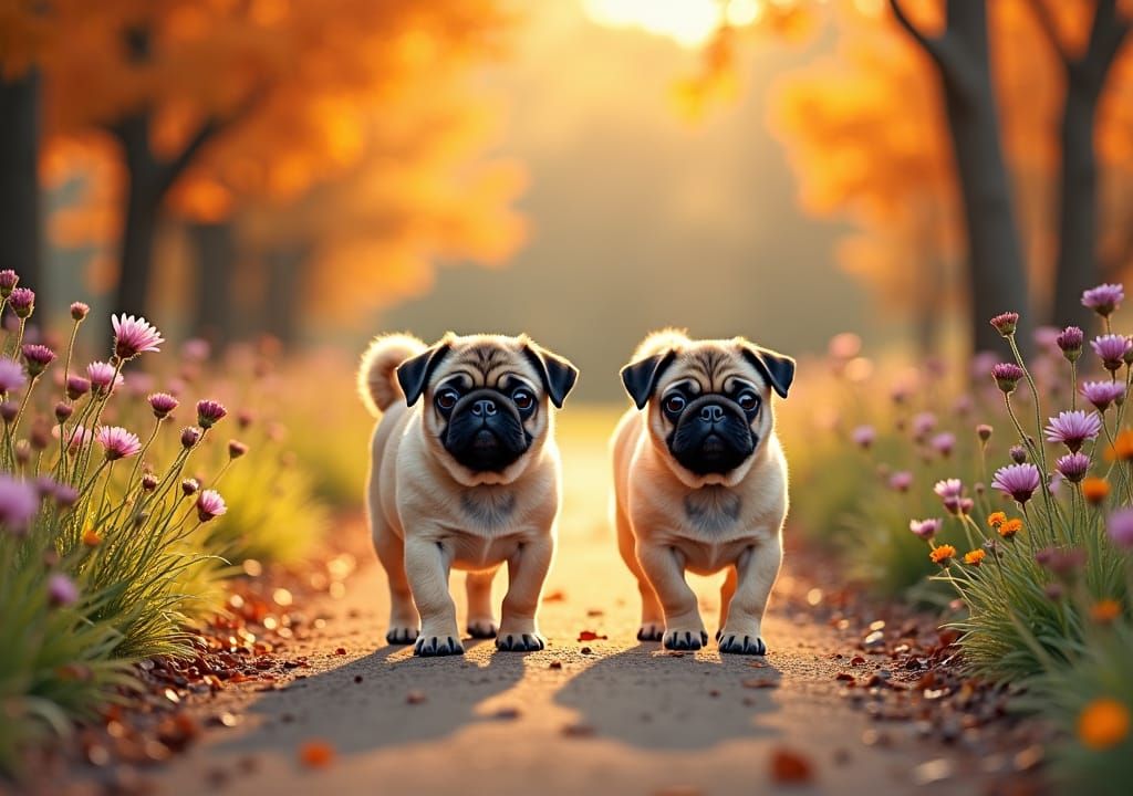 Pugs in Autumn Landscape: Impressionistic Style