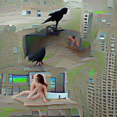 Woman and Raven in Penthouse, 8K 3D Render