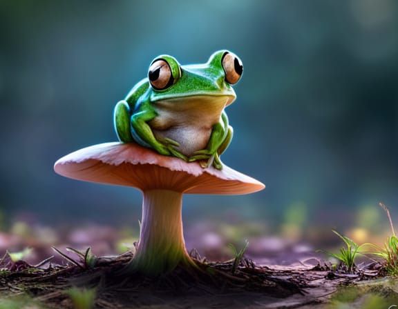 Cute Frog in Mushroom Hat, Hyperdetailed Digital Art