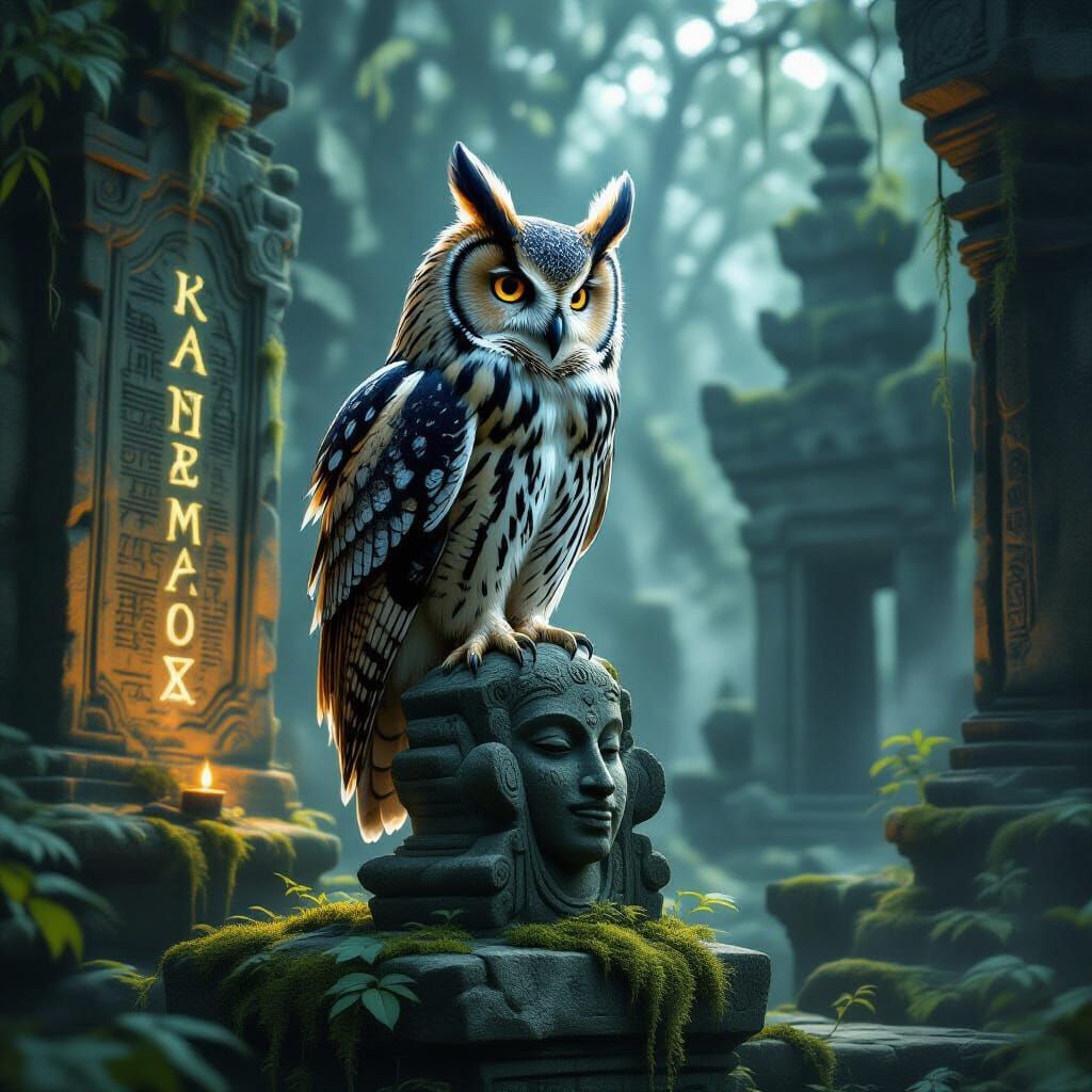 Majestic Owl on Ancient Statue in Forgotten Temple
