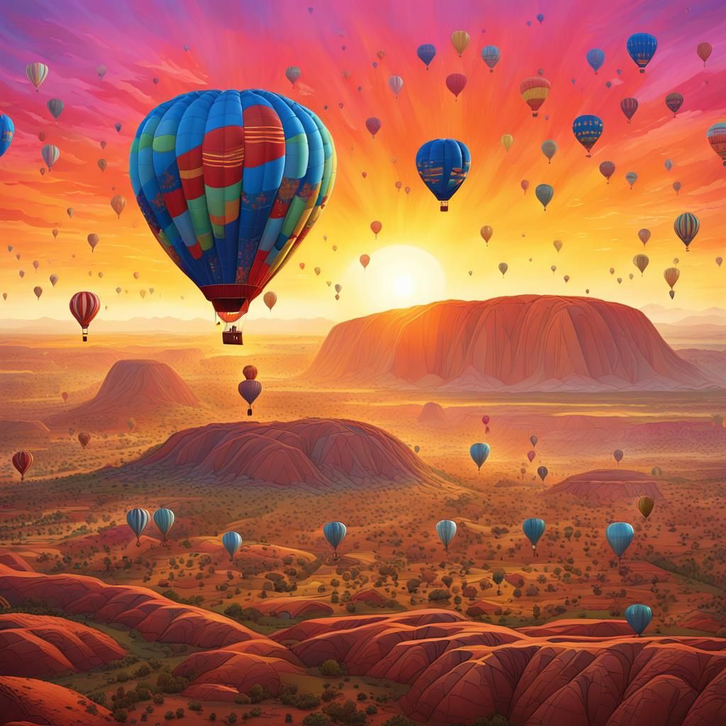 Hot Air Balloons Over Uluru at Dawn