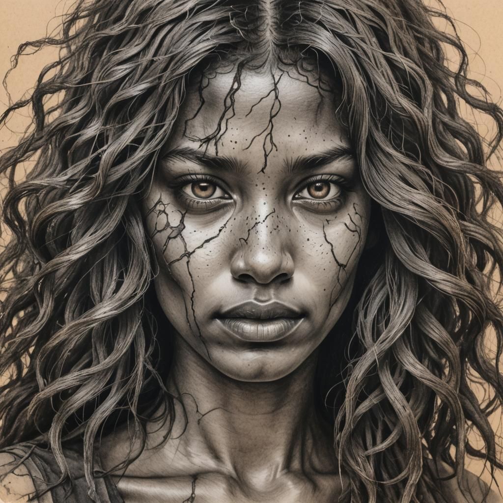 Hyperdetailed Charcoal Drawing of Young Sorceress