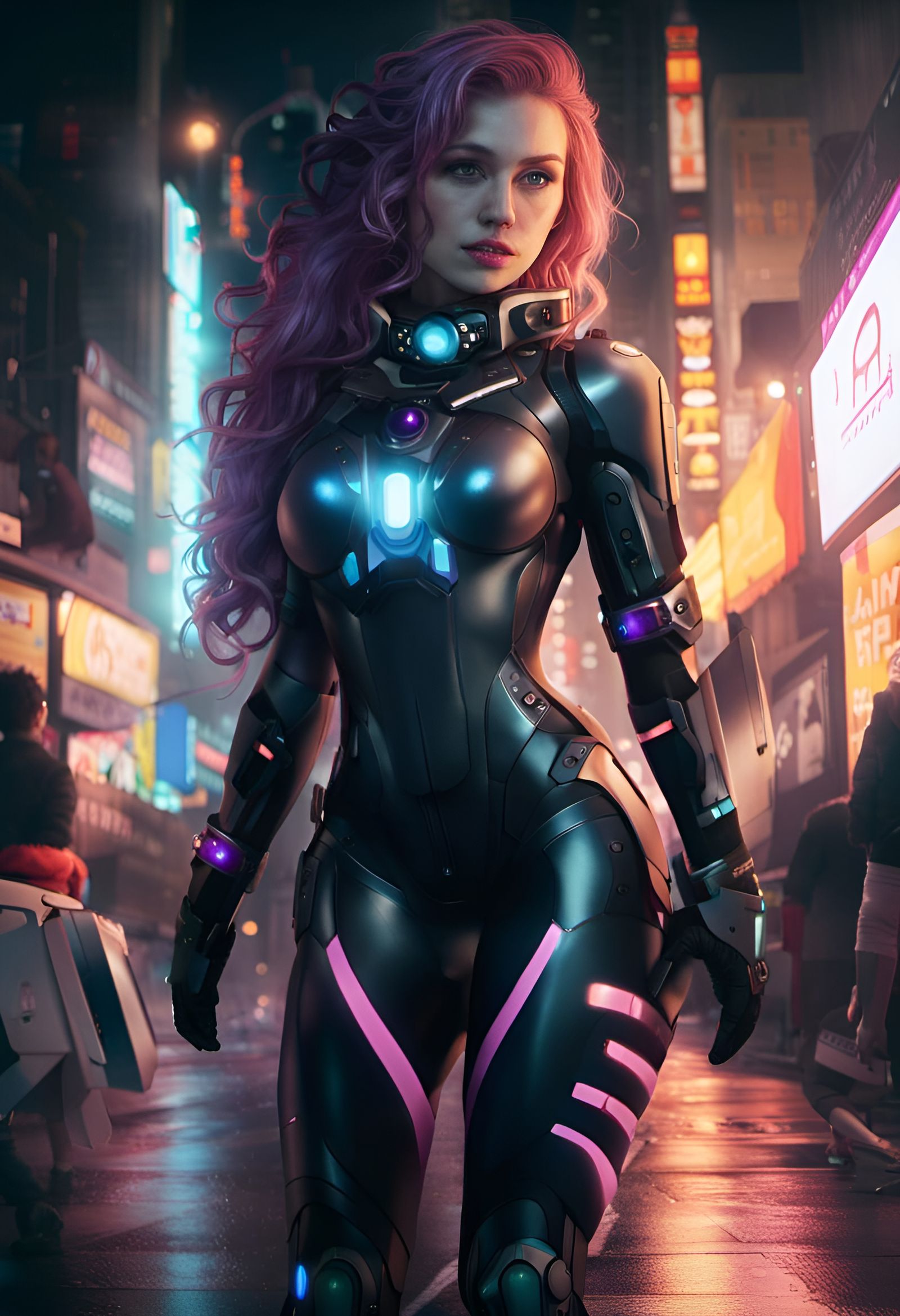 Anime Woman in Cyberpunk Cityscape