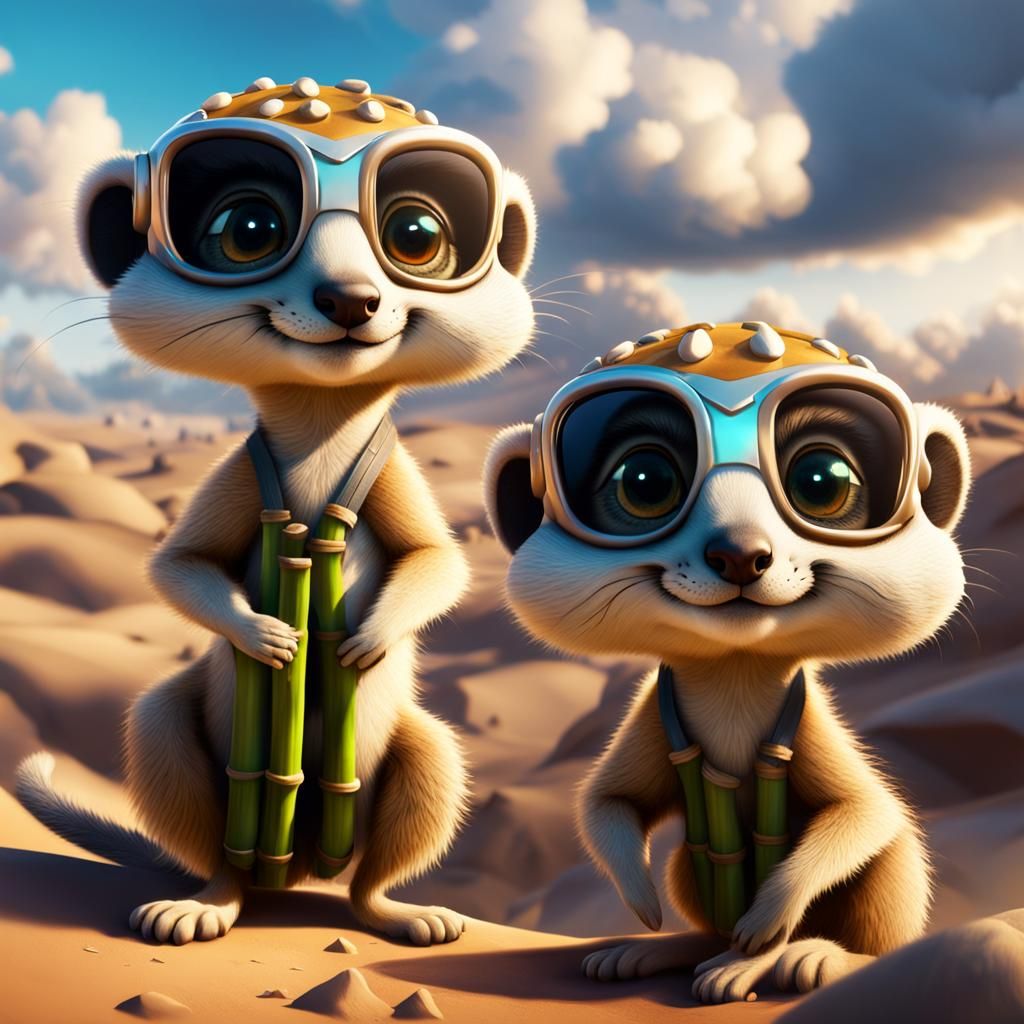 Meerkats in Chibi Style Fight Snake