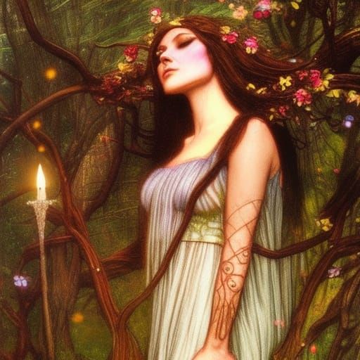 Magical Elf in Forest, Waterhouse-Inspired Fantasy Art