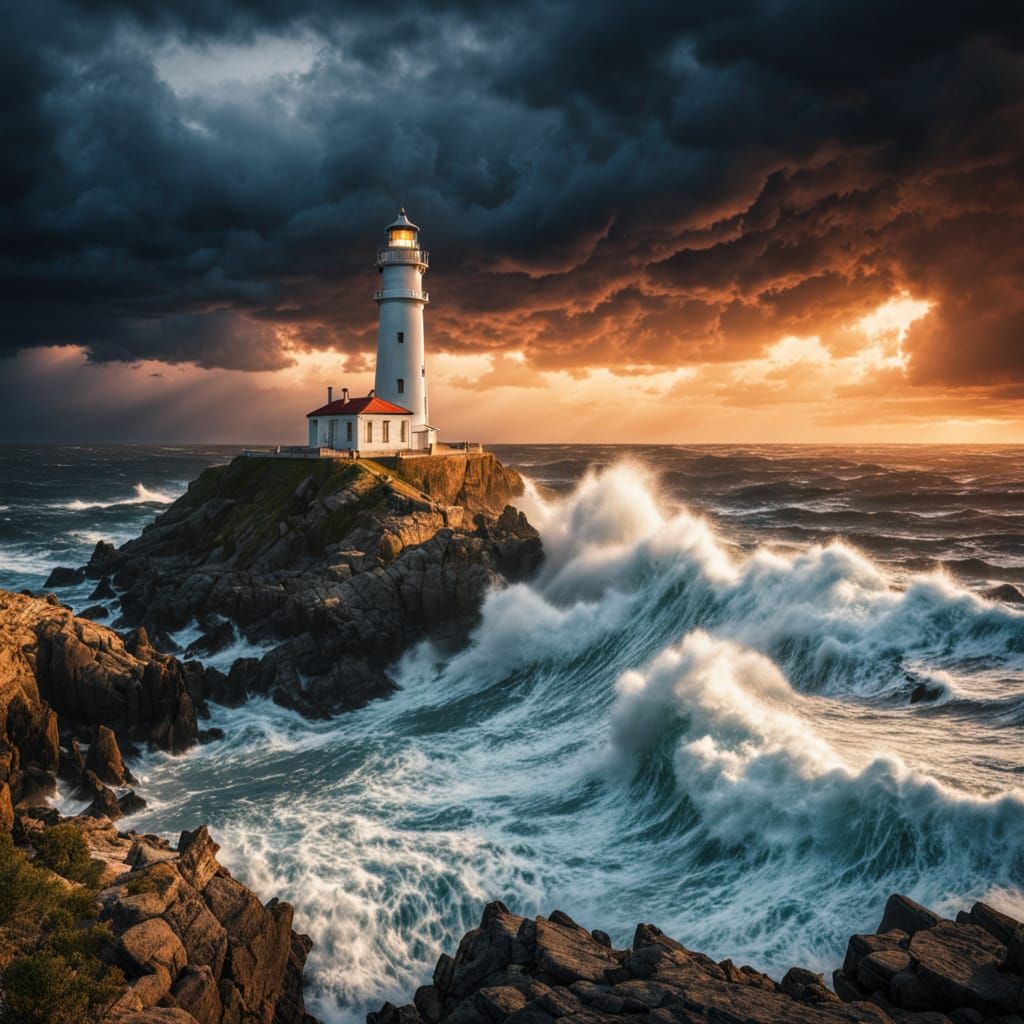 Stormy Sunset Over Turbulent Ocean with Lighthouse
