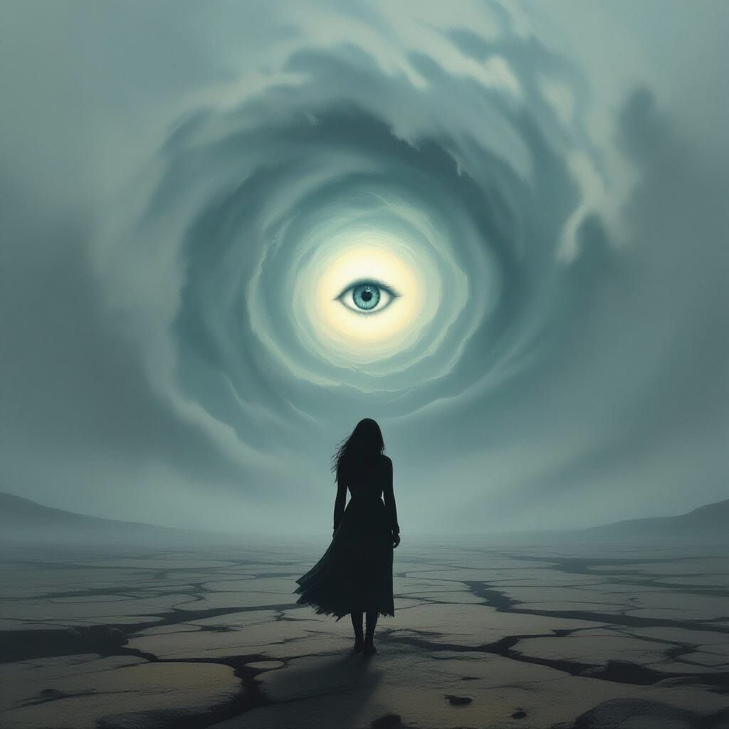 Woman Faces Surreal Vortex in Dark Fantasy Illustration