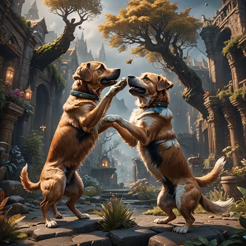 Two Dogs High-Fiving in Detailed Digital Art